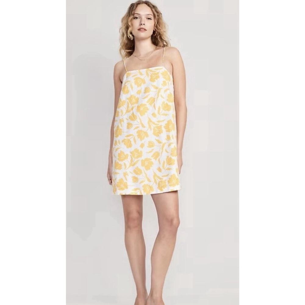 Old Navy Floral Dress XL Yellow Cream Linen Sleeveless Tie Strap Sundress NEW